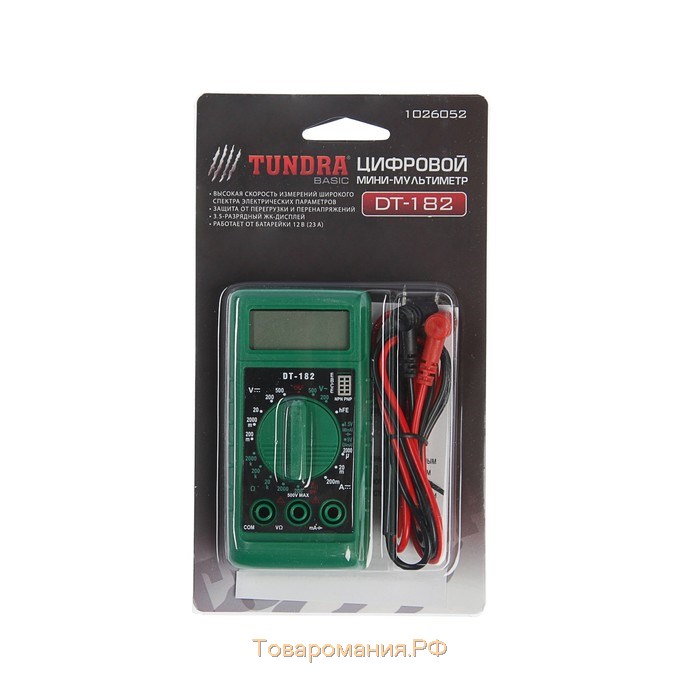 Мультиметр ТУНДРА mini, DT-182, ACV/DCV, DCA, 200-200MΩ, проверка батареек 1.5 и 9V