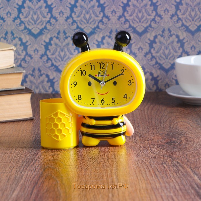 Будильник "Пчела", с карандашницей, дискретный ход, d-9 см, 14.5 х 14 см, желтый