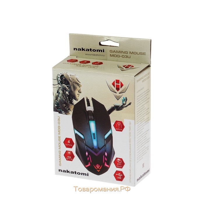 Мышь Nakatomi MOG-03U Gaming, игровая, проводная, 4 кнопки, подсветка, 1600 dpi, USB, чёрная