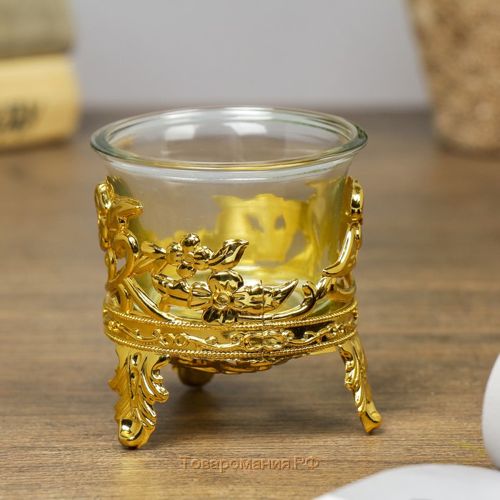 Подсвечник стекло, пластик на 1 свечу "Цветочек" золото 6,5х6х6 см