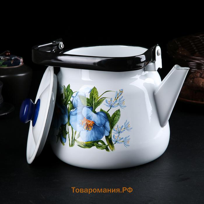 Чайник «Цветы синие», 3.5 л, эмалированная сталь, белый