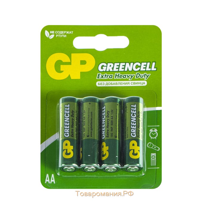 Батарейка солевая GP Greencell Extra Heavy Duty, AA, R6-4BL, 1.5В, блистер, 4 шт.