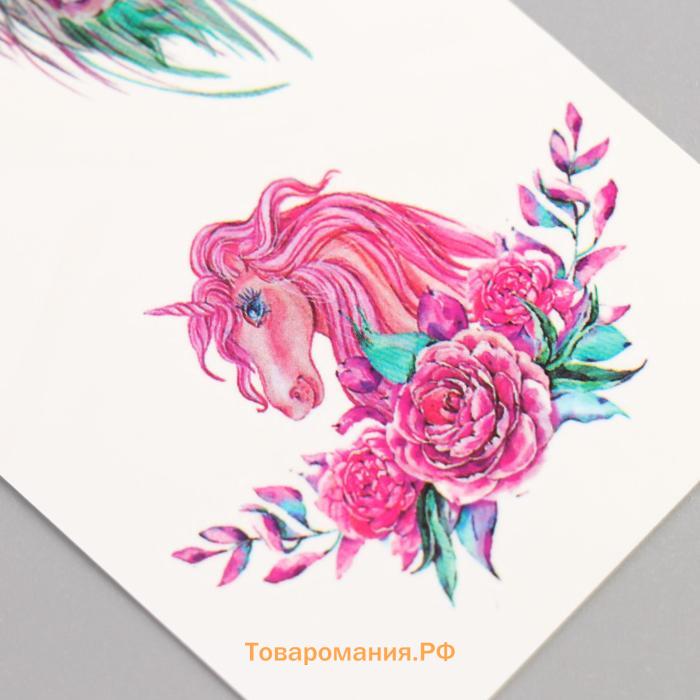 Переводные тату на тело цветные «Единороги и пионы», 10.5×6 см