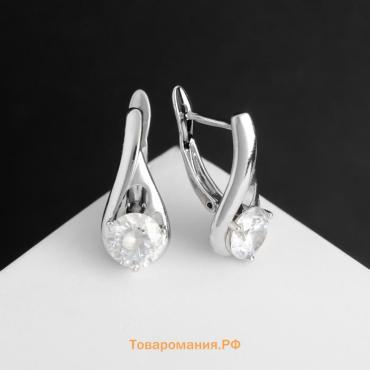 Серьги со стразами «Магия» бусинка в капле, белые в серебре